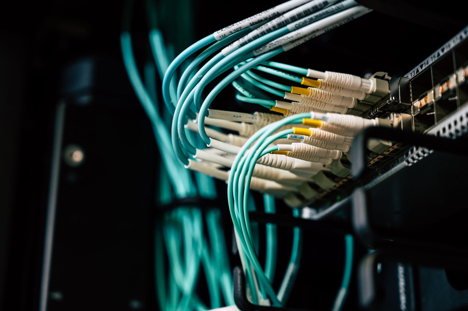 Fiber optic network cables glowing with light